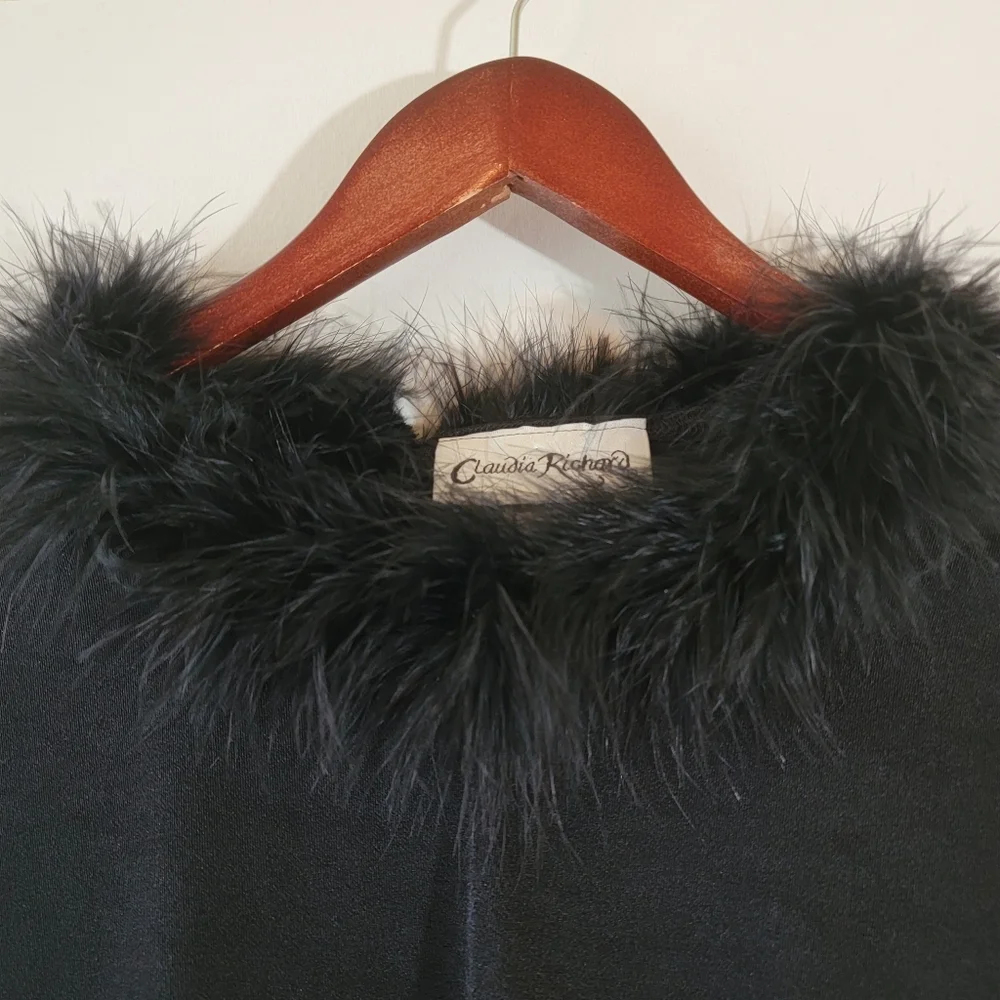 VTG Claudia Richard Black Faux Fur Trim Long Sleeve Top Sz MP Y2K Whimsigoth